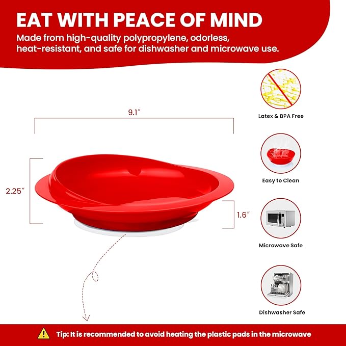 2Pack Spill Proof Scoop Plate with Non-Skid Suction Base, Adaptive Self-Feeding Dinnerware for Elderly and Disabled(Red)