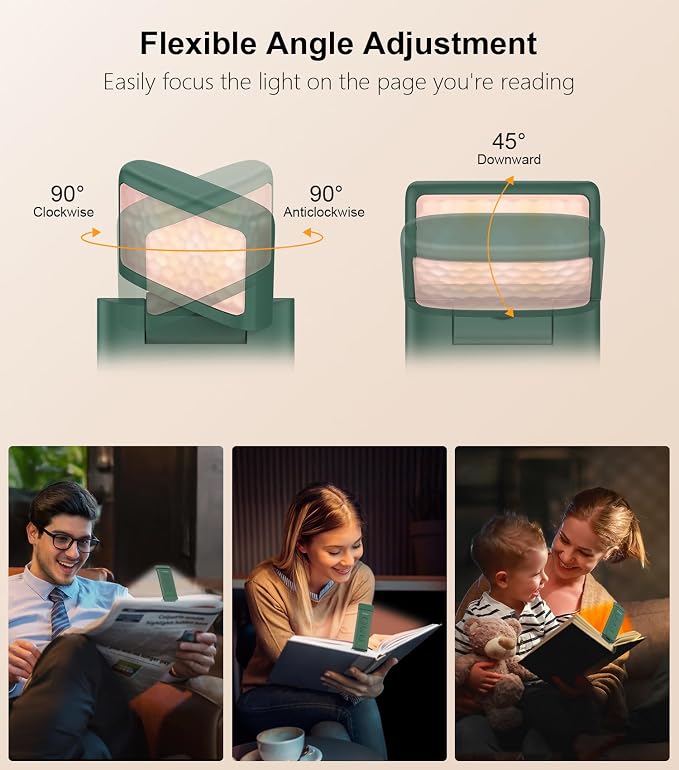 Gritin Book Light Rechargeable, Clip on LED Reading Light for Books in Bed | Eye Caring 3-Color & 5-Brightness, Stepless Dimming, Long Lasting, Compact Size Flexible Book Lamp for Bookworms-Dark green