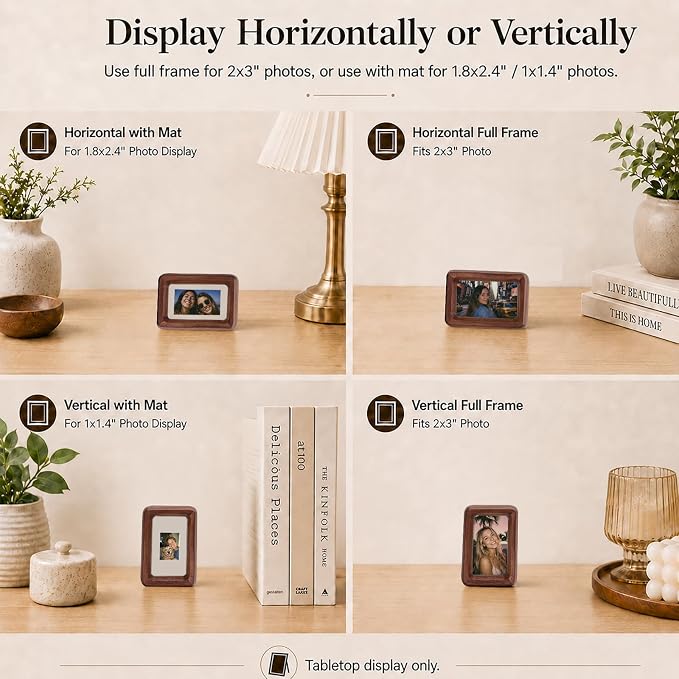 Natural American Black Walnut Wood Picture Frame, 2x3 Inch Small Solid Wooden Photo Frame with Decorative Joinery Corners, Instax Frame / Polaroid Frame / Instax Mini, Tabletop Display for Desk / Shelf, Horizontal / Vertical, Home Decor Holiday Gift ( ...