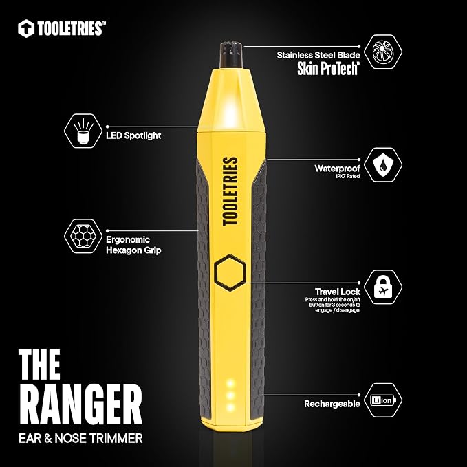 TOOLETRIES The Ranger Nose & Ear Hair Trimmer for Men - Yellow | Rechargeable waterproof trimmer with stainless steel dual-edge blades, LED spotlight and travel lock.