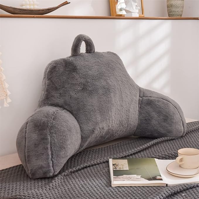 Holawakaka Large Reading Pillow for Sitting up in Bed Sofa Kids Teens, Backrest Pillow with Arms for Boys Girls Women Petites Pregnancy, Back Support Cushion for Couch Floor Nursery Playroom (Grey)