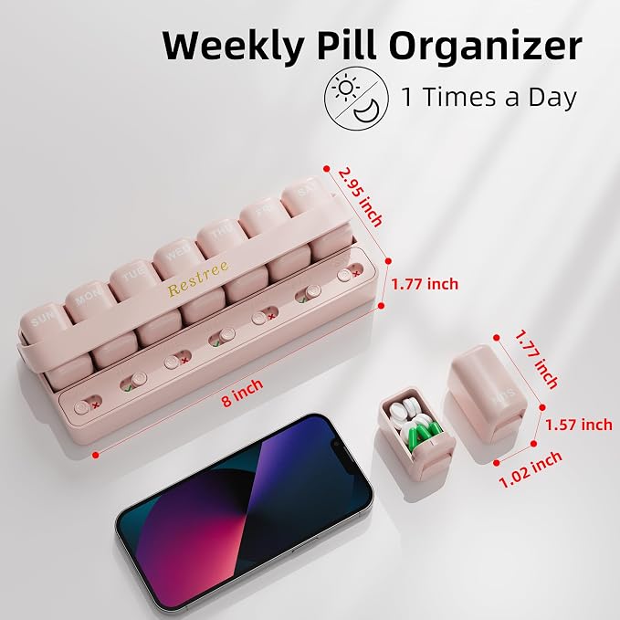 Restree Weekly Pill Organizer 7 Day, Large Capacity Pill Box with Reminder Indicator, Easy Slide Open Detachable Travel Pill Case for Vitamins Supplements & Daily Medications (Pink)