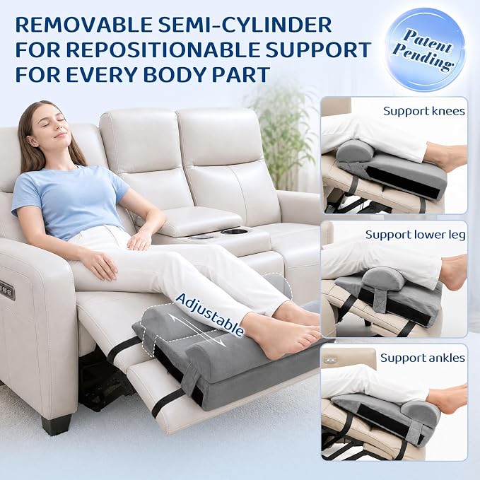 Recliner Foot Rest Cushion with Removable Semi-Cylinder | Customize Support For Every Body Part, Adjustable Recliner Leg Pillow for Recliner&Sofa, 2 Reinforced Strap for No Slip, Grey