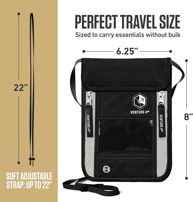 VENTURE 4TH Travel Neck Wallet, RFID Blocking Passport Holder - Black