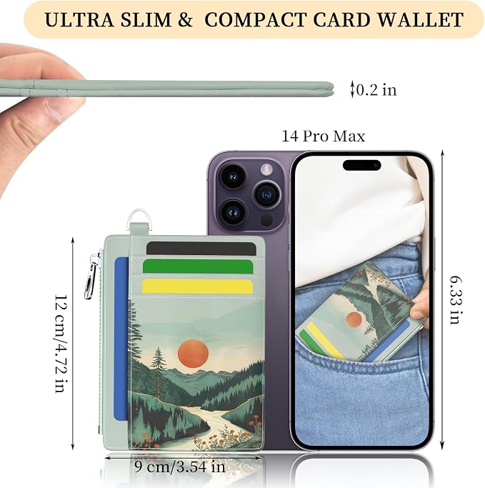 Hancynir Mountain Sunset Slim Wallet Women Credit Card Holder, RFID Small | Zipper Pocket Wallet, Thin Travel Coin Purse, Ladies Women Gifts, Minimalist Card Case, 6 Card Slots, ID Window, PU Leather