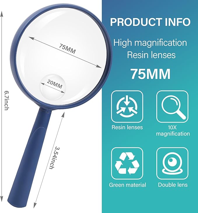 Feosky Handheld Reading Magnifier, 10X Magnifier, 75mm Shatterproof Lens, Adults Close Work Non-Slip Handle for Seniors Reading and Nature Exploration(Navy Blue)