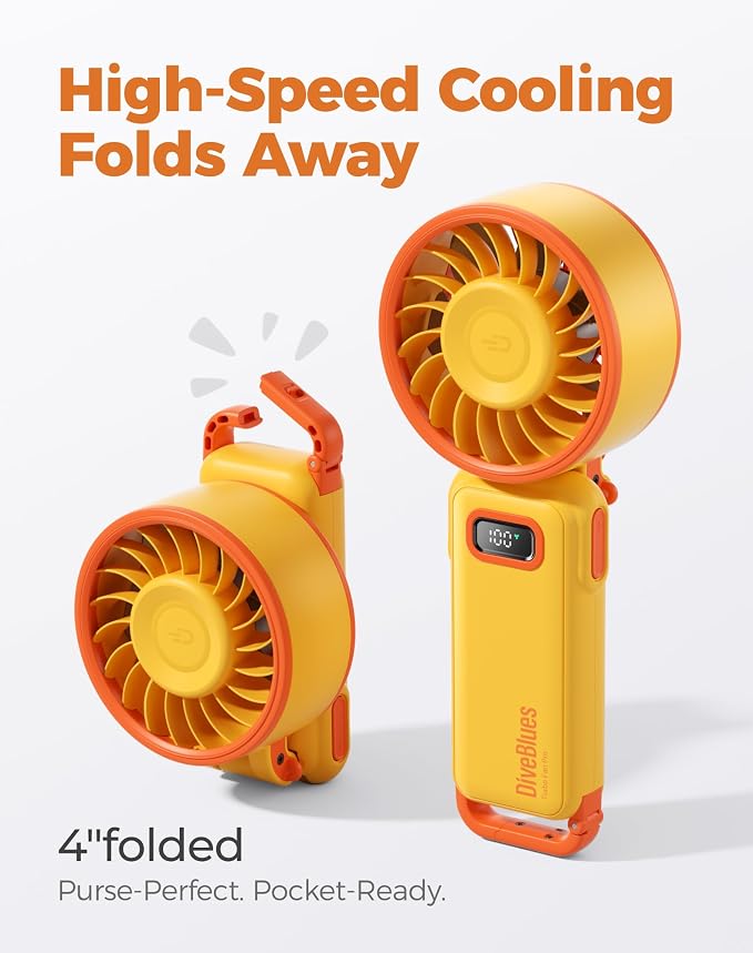 Diveblues Portable Handheld Fan, 7.4m/s High Speed Turbo Fan, 180° Foldable 4-in-1 Personal Neck Fan Integrated Carabiner Clip, 100 Speed Stepless Control, USB-C Rechargeable, 12H Battery, Fanzy D6036