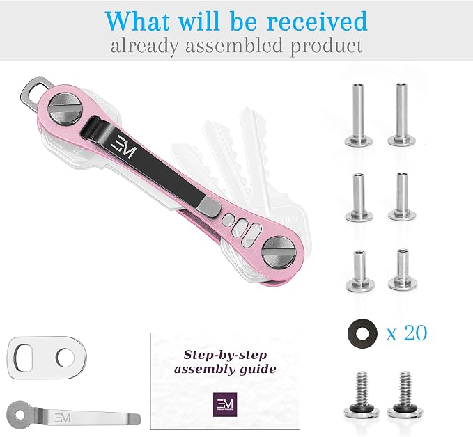 EM Compact Key Holder, Pocket Key Organizer, 14 Keys Key Bar | Fits 4.6 mm or larger keyholes only. Small hole keys like mailbox keys may not fit. Anti jingle, removable clip