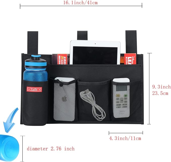 Zafit Hanging Bedside Caddy, Bedside Storage Organizer for Magazine, Phone, Remote control (5 Pockets-Black)