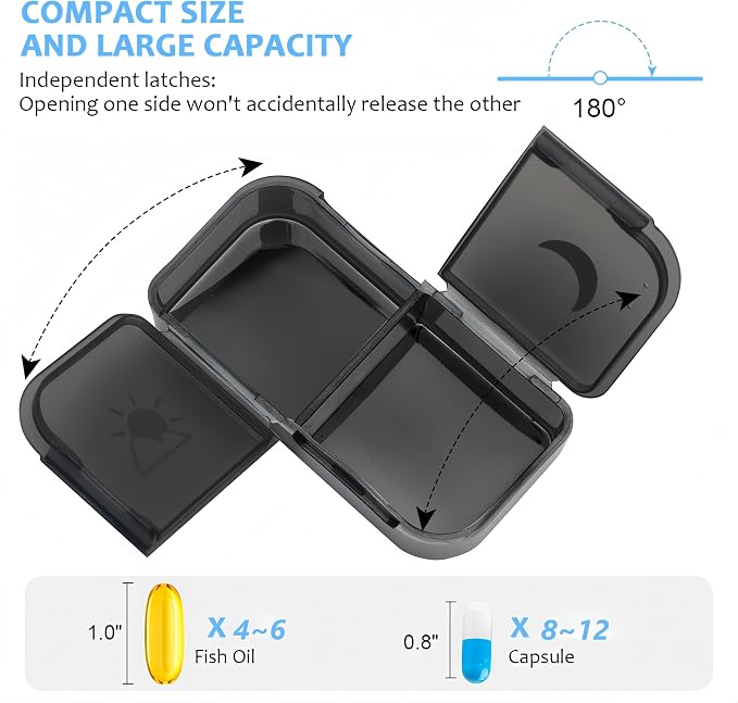 Weekly Pill Organizer 2 Times a Day, AP PM Pill Box，Detachable Pill Case | Food-Grade Material,Travel-Friendly,7 Day Pill Container Medium,Compartment holds up to 6 fish oil or 10 vitamin-Black