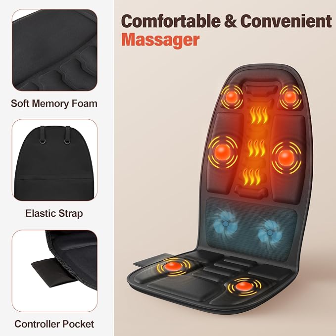 Massage Seat Cushion with Heat, Cooling Back Massager for Chair, Chair Massager for Full Body Massage, Deep Tissue Vibration Pad with 6 Vibration Nodes, Gifts for Dad Mom