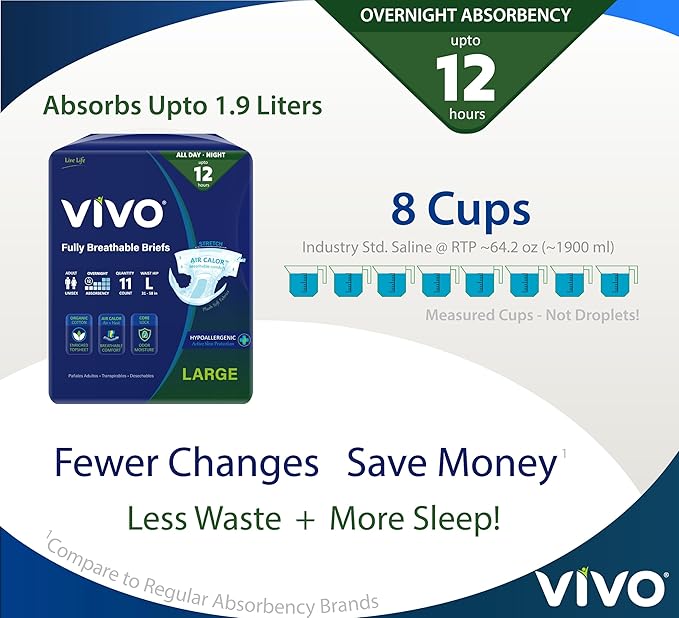 VIVO Organic Cotton Overnight Sensitive Skin Adult Incontinence Diaper Briefs with Tabs, Large 44 Count