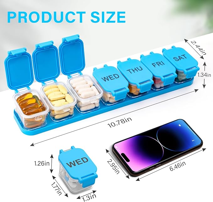Extra Large Weekly Pill Organizer - Waterproof 7-Day Pill Box, Portable Vitamin & Supplement Case, Easy to Open Design, Ideal for Travel a nd Daily Medication Management (Blue)
