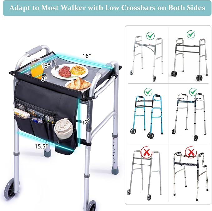 BAGSFY Walker Tray with Cup Holder & Front Walker Bag, Walker Basket for Seniors | Sturdy, Easy-Clean Tray with PEVA Surface | Universal Fit for Standard Walkers, Walker Accessories for Elderly