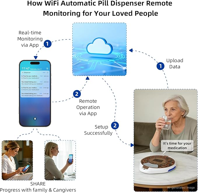JULOS WiFi Automatic Pill Dipenser with Remote Care Monitoring for Seniors | Up to 9 Doses Per Day with Sound & Light Reminder, Top Lock Key, Ergonomic Lid Design for Elderly & Dementia Care
