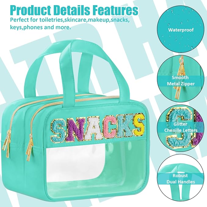 BuyCard Chenille Letter Clear Makeup Bags, Snacks Bag for Travel, Preppy Patch Nylon Cosmetic Bag with Handles and Zipper, Waterproof Large Clear Travel Toiletry Bag Storage Bag for Women Green