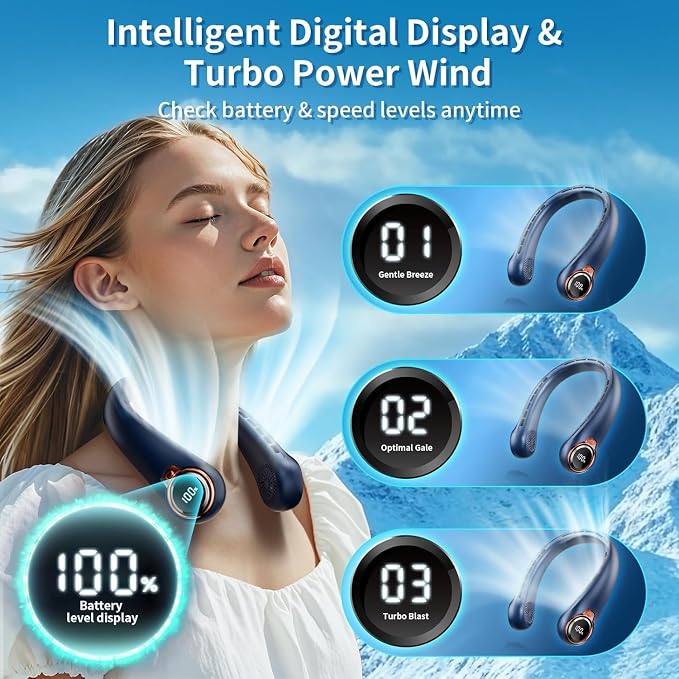 Portable Neck Fan with 6000mAh USB - Rechargeable Battery, Ultra-Light Bladeless Neck Fan LED Display, 360° Cooling Wearable Fan, 3 Speeds,Fireplace Fans -Blue