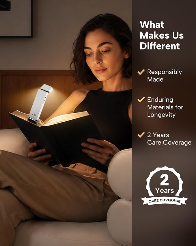 86lux Book Light, Rechargeable Clip-On LED Reading Light for Bed | 3 Color Temperatures with Stepless Dimming, Ultralight Bookmark Design for Book Lovers, White