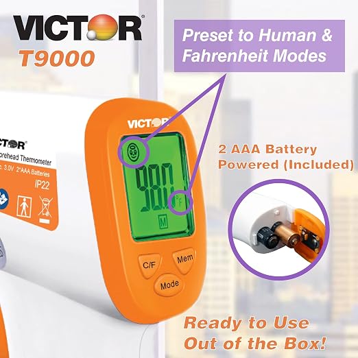 Victor T9000 Non-Contact Digital Infrared Forehead and Wrist Thermometer, for Adults and Kids, Quick 1 Second Readings, 3-Color Temperature Warning Display, White/Orange