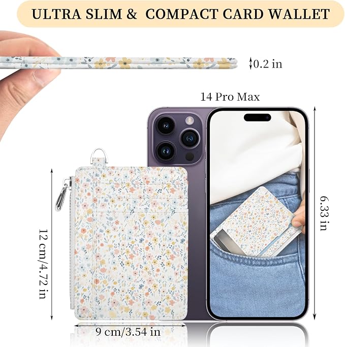 Hancynir White Floral Slim Wallet Women Credit Card Holder, RFID Small | Zipper Pocket Wallet, Thin Travel Coin Purse, Ladies Women Gifts, Minimalist Card Case, 6 Card Slots, ID Window, PU Leather