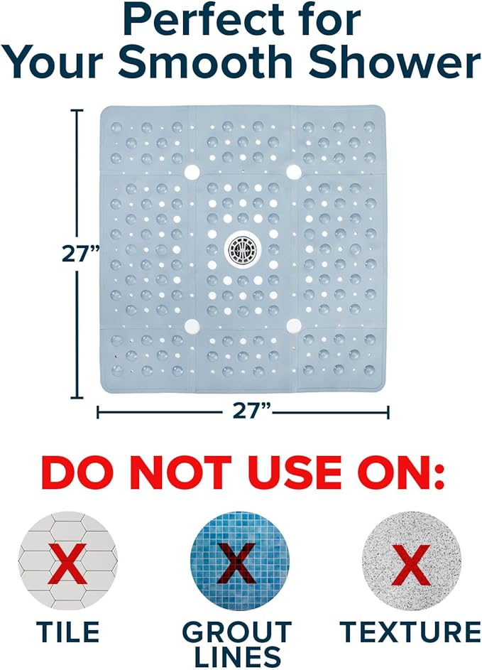 SlipX Solutions 27" Oversize Square Shower Mat, Non-Slip Mat for Elderly & Kids, 100+ Power Grip Suction Cups for Smooth Surfaces, Machine Washable, Solid Gray