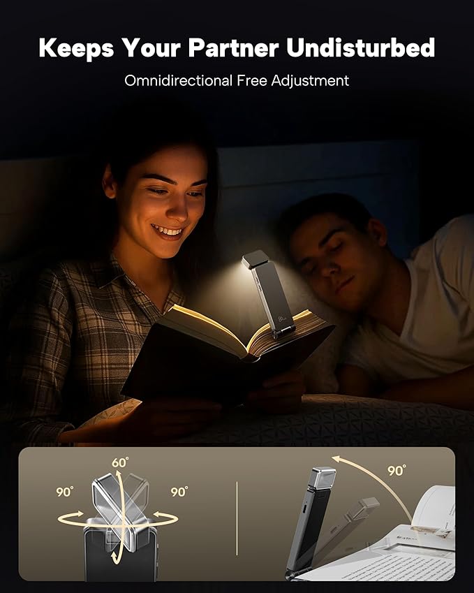 86lux Book Light, Rechargeable Clip-On LED Reading Light for Bed & Night Use - 3 Color Temperatures with Stepless Dimming, Ultralight Bookmark Design for Kids, Book Lovers, Grey
