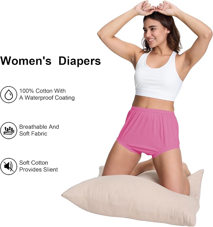Womens Waterproof Incontinence Pants Leakproof Adult Diaper Covers Plastic Rubber Underwear Alternative(Pink，S)