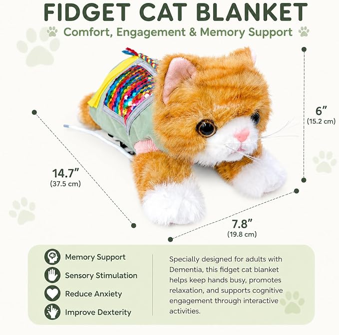 Fidget Blanket for Dementia, Fidget Cat Blanket for Elderly, Fidget Sensory Cat Blanket for Seniors with Alzheimer’s, Dementia Products for Elderly