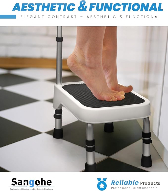 Sangohe Step Stool with Handle for Elderly, Aluminum Step Stools for Adults, Step Stool for Bed, Step Stool with Adjustable Handle and Legs, 275LBS Weight Capacity, 503A