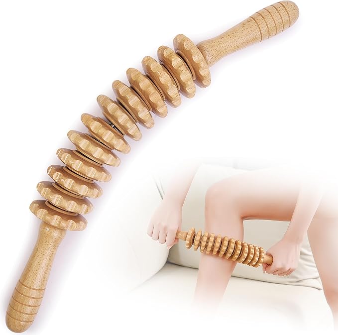 Wood Massage Roller Muscle Roller Cellulite Massage Tool Fascia Blaster Lymphatic Drainage Massager Wood Therapy Massage Tools for Deep Tissue Muscle Relief Recovery(12-Wheel)