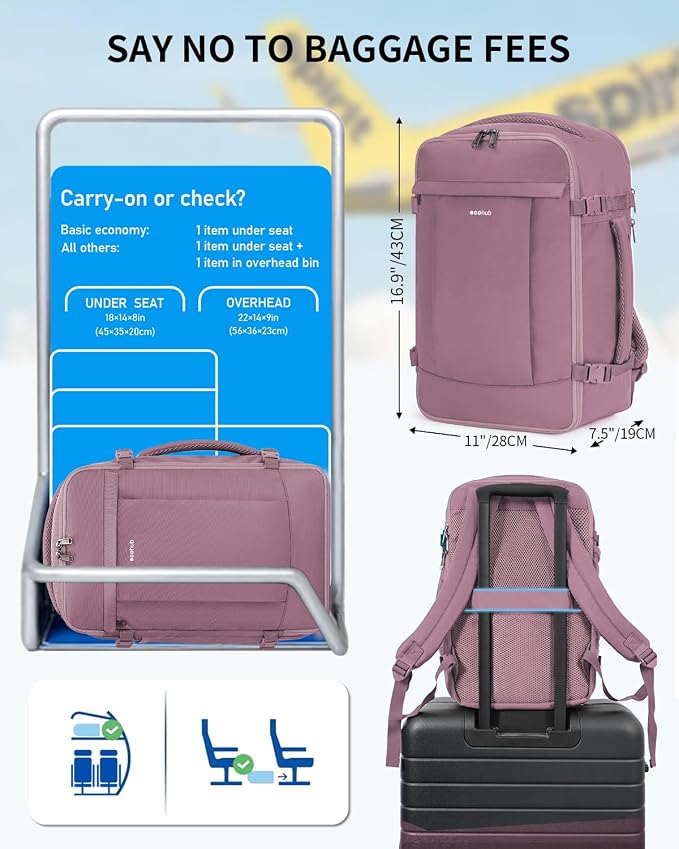 ECOHUB 17'' Small Travel Backpack, United Airlines Personal Item Bag 16.9"x10"x7.5" Carry on Backpack with USB Port Luggage Sleeve Travel Essentials for Men Women Water Resistant, Pink
