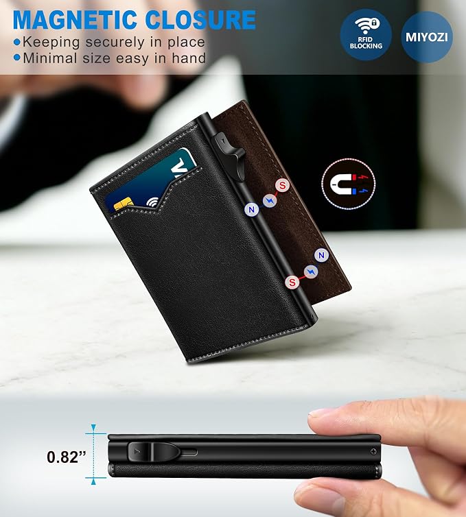 Wallet for Men,with Cash Pocket 2 ID Window 9-13 Cards,Metal Case Smart Slim Pop Up Credit Card Holder Flip with Magnetic Closure RFID Blocking Trifold wallet with Gift Box