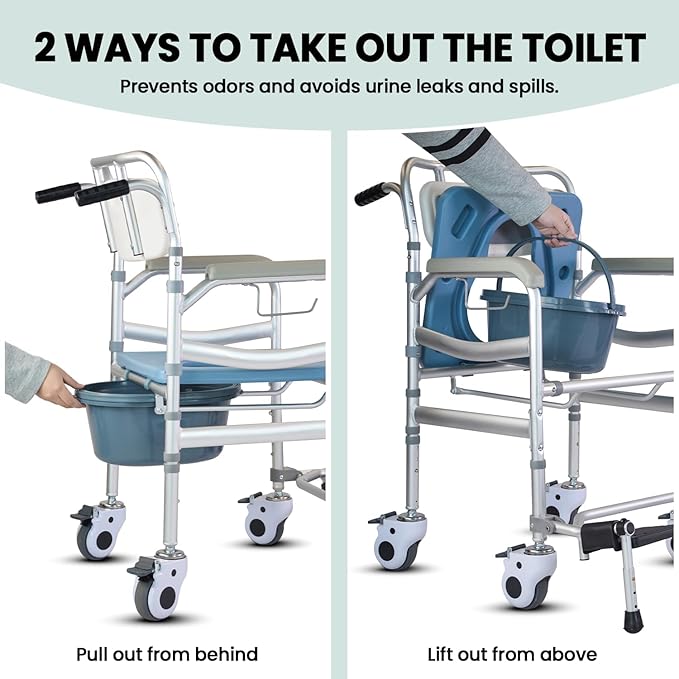 4-in-1 Floding Bedside Commode Chair, Rolling Shower Wheelchair with Arms, 4 Lockable Wheels, Detachable Bucket, Toilet Brush, Height Adjustable & Flip-up Footrest, Padded Mobile Toilet Chair