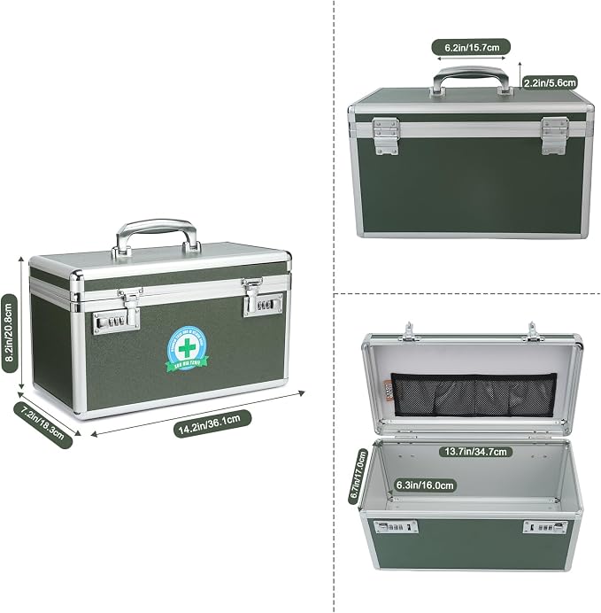 Medication Lock Box With Combination - Lockable Medicine Storage, Empty First Aid, Security Lock, Medical Organizer, Multipurpose Locking for Home and Outdoor (Green, Large)