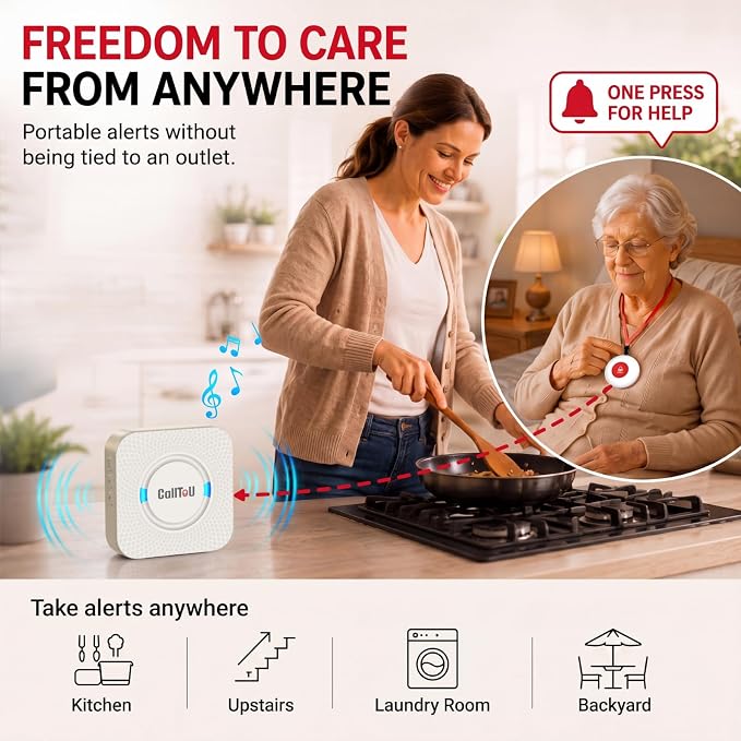 CallToU Wireless Caregiver Pager 2 Call Buttons+1 Battery-Powered Receivers | Easy Setup, Loud Whole-Home Alerts, Peace of Mind, Waterproof Call Button for Elderly, Seniors, Patients and Home Caregivers