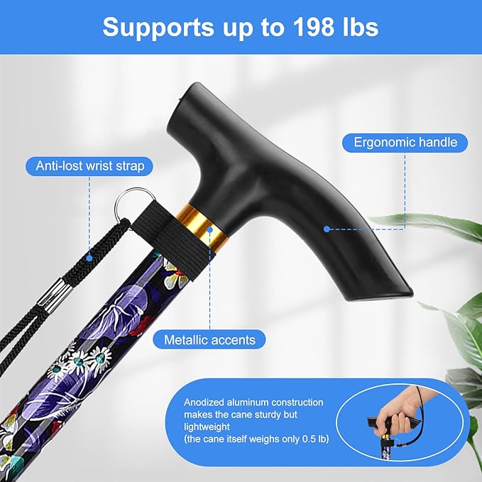 supregear Folding Cane, 5-Level Adjustable Height Walking Stick Lightweight Collapsible Portable Travel Cane with Wrist Strap and T Handle for Elderly Disabled Men Women