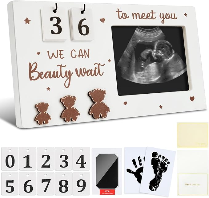 Draupnir Sonogram Picture Frame, Wooden Ultrasound Photo Frame with Baby Countdown Weeks, Bear-Themed Ultrasound Keepsake Gift for Expecting Parents, New Mom - First Pregnancy, Announcement (Brown)