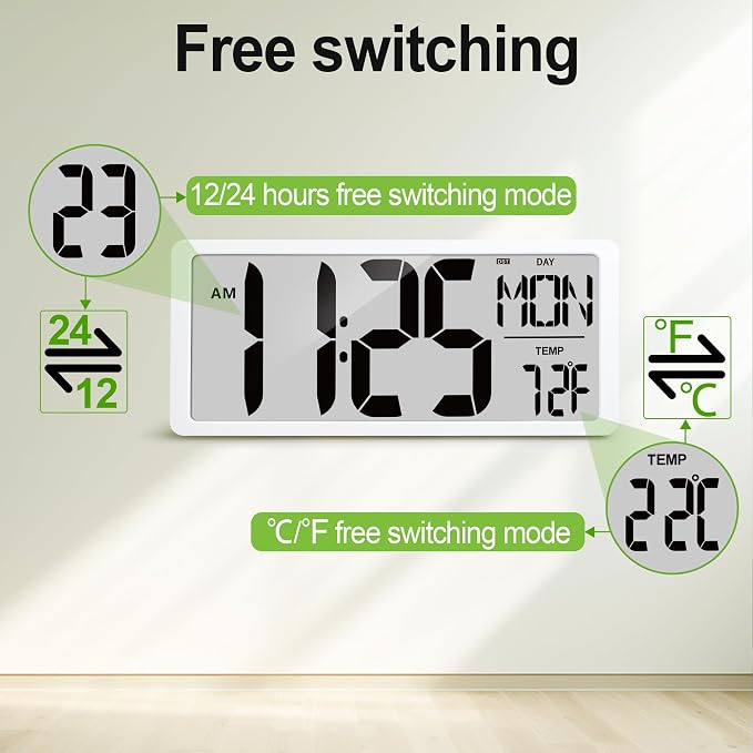 18.5" Extra Large Digital Wall Clock Battery Operated Wall Clock with Time/Calendar/Temperature Jumbo LCD Display Count Up Down Timer Alarm Clocks for Home Office Bedroom (Batteries Included)