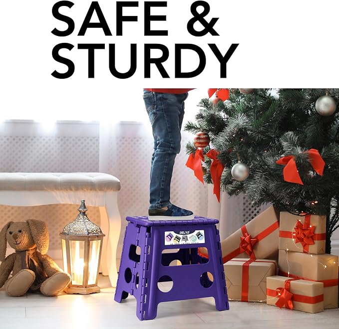 Delxo Folding Step Stool, 13 inch Non-Slip Foldable Stools Up to 300 LBS, Step Stool with Handle, Lightweight for Kitchen, Bathroom, Bedroom, Garden, Purple, 1PC