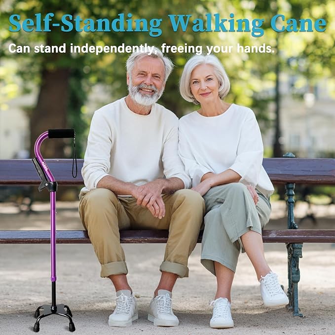 AOHHL Quad Walking Cane Foldable Adjustable Portable Stick Men & Women and Seniors - Lightweight & Sturdy with 4-Pronged Base for Extra Stability Balance,Self Standing Gifts for mom Dad