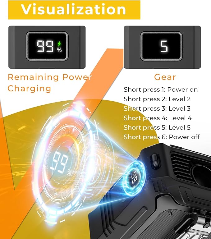 TUNISE Portable Fan with 5-Speed Settings, Dual-Sided Clip on Wearable Belt Waist Fan for 8000mAh, 2 Settings including Flashlight,Travel Essential for Outdoor Camping as Power Bank