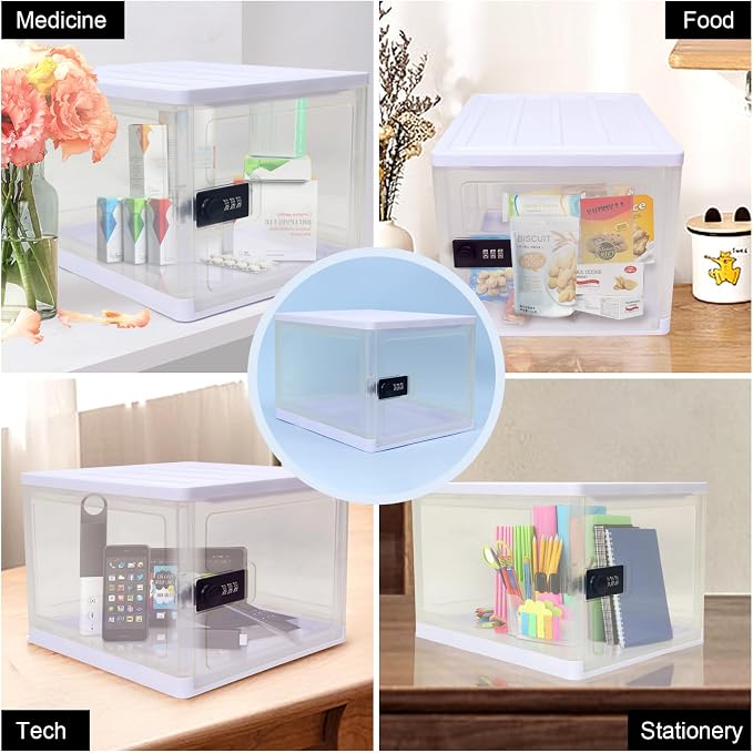 Large Lockable Clear Storage Box for Food, Tech and Home Safety, Medicine Lock Box for Safe Medication, Lockable Storage Bin, Refrigerator Storage Bins, Tablet Phone Jail (Clear)