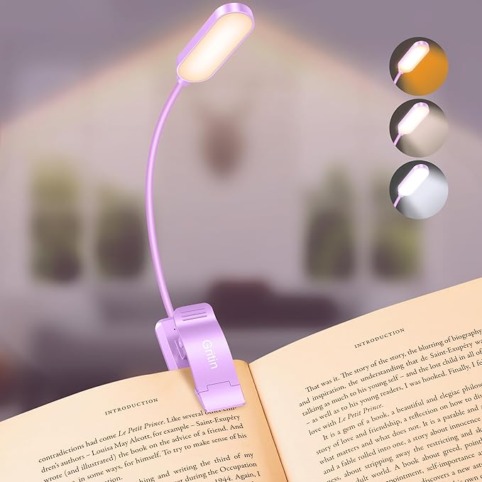 Gritin 16 LED Rechargeable Book Light for Reading in Bed | Eye Caring 3 Color Temperatures, Stepless Dimming Brightness, 80 Hrs Runtime, Lightweight Flexible Clip on Light-Purple