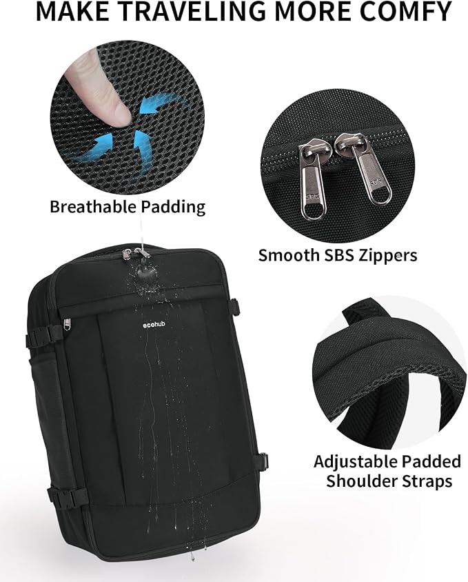 ECOHUB 17'' Small Travel Backpack, United Airlines Personal Item Bag 16.9"x10"x7.5" Carry on Backpack with USB Port Luggage Sleeve Travel Essentials for Men Women Water Resistant, Black