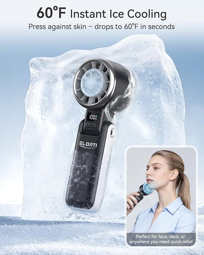 Portable Fan, Handheld Fan with Turbo & Ice Cooling, 5-Speed 4000mAh Rechargeable, 3-in-1 Foldable Small Travel Hand Fan, Lightweight Compact & Quiet for Beach, Outdoor, for Women & Men -Black