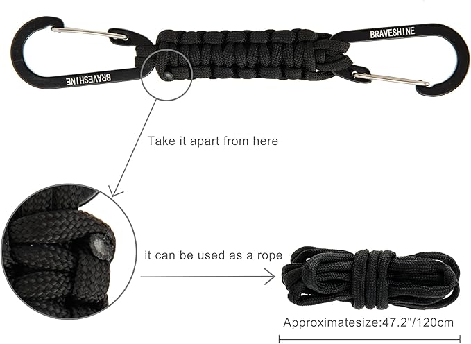 BRAVESHINE Paracord Keychain Carabiner Clip | D Ring Hanger Lanyard Hook | 7.3inch Long | for Stroller, Water Bottle, Key, Backpacks, Men, Women, Luggage, Car Seat Headrest, Fence, Bag Charms
