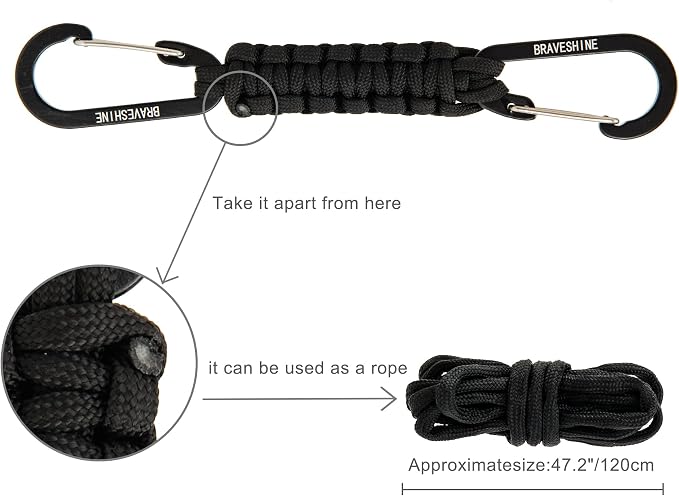 BRAVESHINE Paracord Keychain Carabiner Clip | D Ring Hanger Lanyard Hook | 7.3inch Long | for Stroller, Water Bottle, Key, Backpacks, Men, Women, Luggage, Car Seat Headrest, Fence, Bag Charms