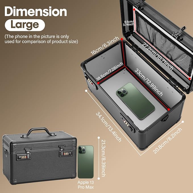 LOCKCURX Lock Box - Security Combination Lock Box, Locking Storage Case for Personal Items and Medicine, Childproof Lockable Lockbox for Home/Office/School, 13.4x8.2x7.6 Inch, Black