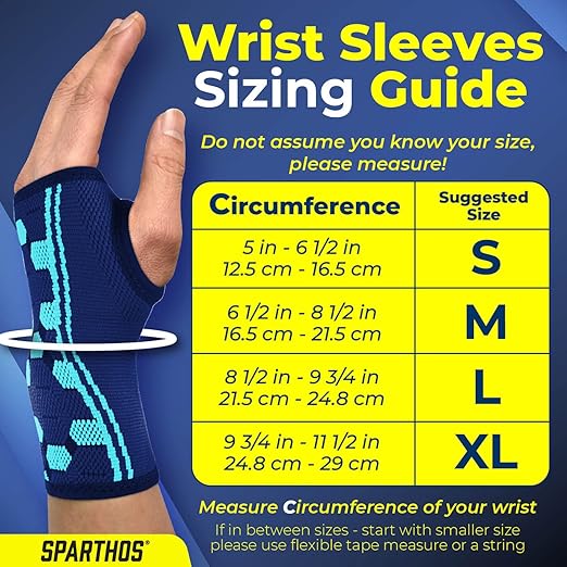 Sparthos Wrist Support Sleeves (Pair) – Compression Wrist Brace for Men and Women - Carpal Tunnel Tendonitis Arthritis Pain Relief for Sports Injuries Arthritic Wrists Palm Hand Pain RSI (Blue-M)