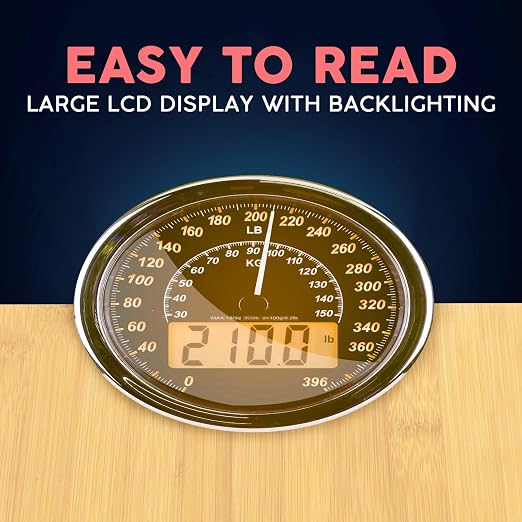Hybrid Bathroom Scale - Analog & Digital Display, Accurate to 400 lbs | See weight on both an analog dial and digital LCD at once. Wide glass platform, accurate to 0.2 lbs, batteries included.
